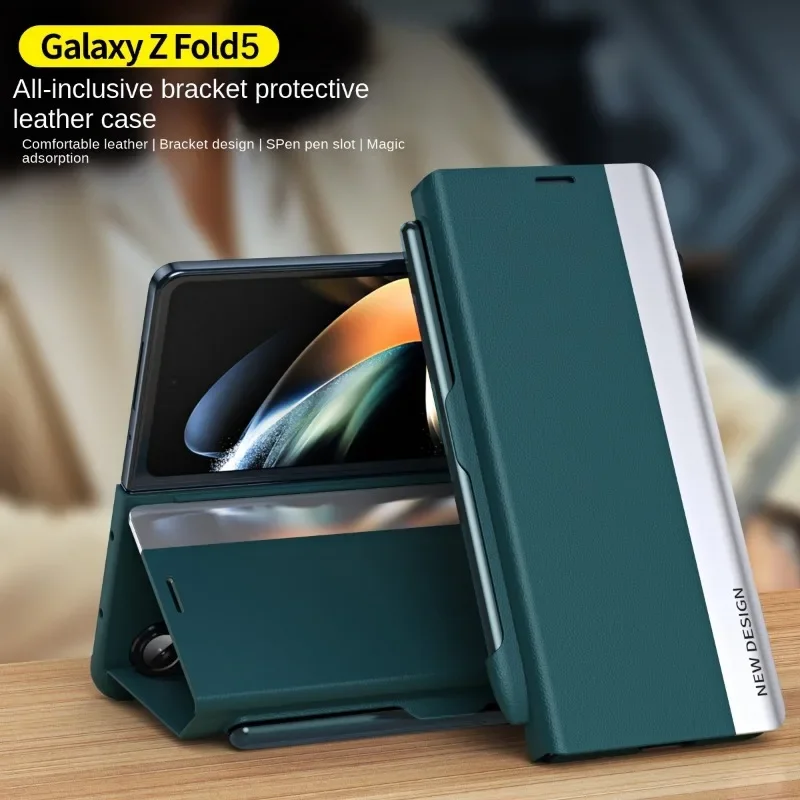 Electroplating Holder Pen Slot Tape Phone Case for Samsung Galaxy Z Fold 6 5 4 Fold5 Fold4 Fold6 5G Magnetic Flip Leather Cover