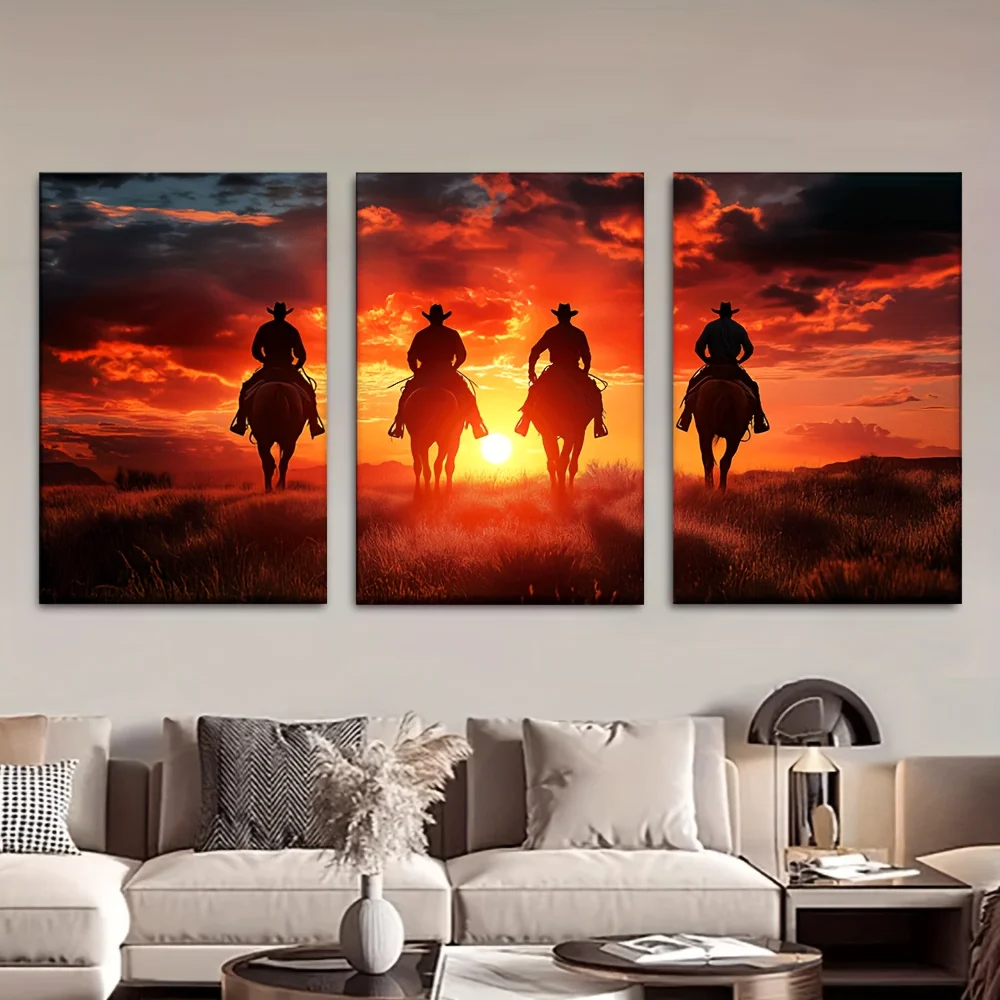 (No frame)3pcs/set, Canvas Painting--Unframed, The Cowboy Rode Off into the Sunset, Posters and Prints, Living Room, Library,