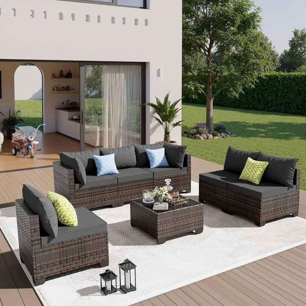 

7 Pieces Patio urniture Set - Outdoor Sectional Wicker Rattan urniture with Cushion and Glass Table Patio Contion Sets or Porch