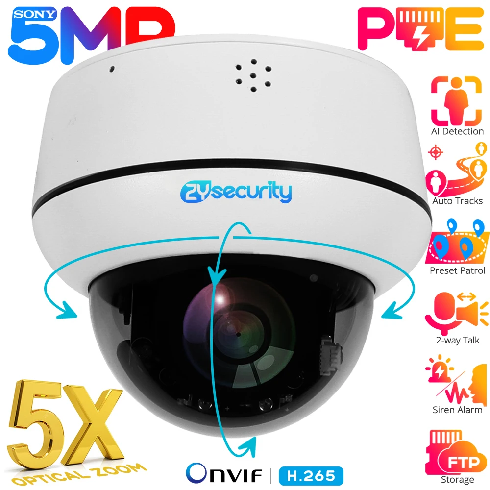 

5MP Outdoor Dome IP Camera 5X Optical Zoom PTZ Cameras Auto Tracking PoE Security Camera Human Detect,2-way Audio,IR Night View