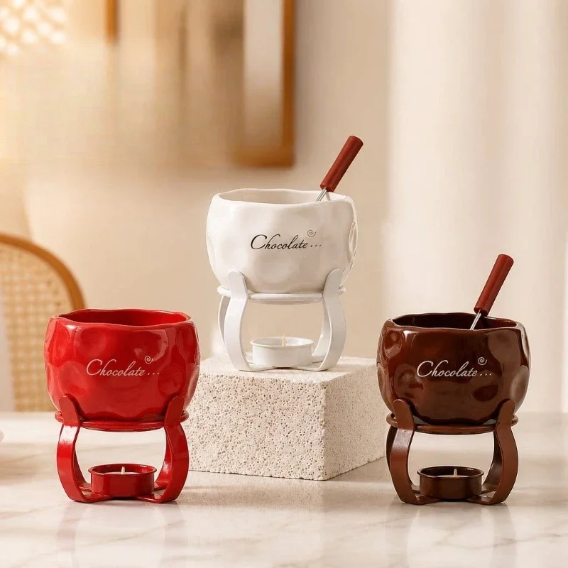 New 350ml Minimalist Ceramic Chocolate Hot Pot Cup with Split Heating Stove and Fork, Couple's Home Creative Dessert Cup