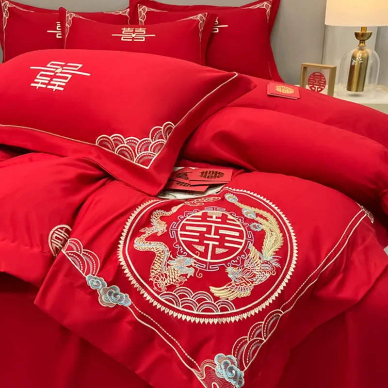 New polished wedding embroidery four-piece set of bright red embroidery light luxury bed dowry quilt cover bedding simple