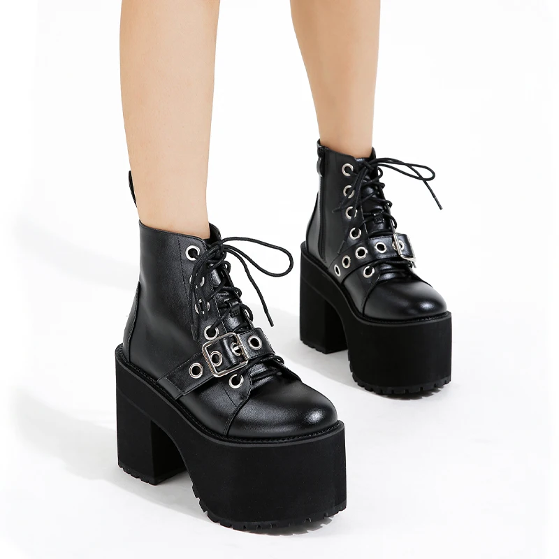 

Punk Style Women Shoes Lace Up Thick Heel Height 11CM Platform Woman Boots Gothic Ankle Boots Metal Decor Woman Genuine Leather