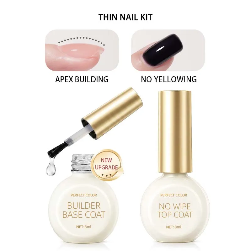 PERFECT COLOR Thin Nail Builder Kit, 8ml Builder Base & No Wipe Top Coat, Nail Strengthening, DIY, Smooth Finish, UV LED Cure