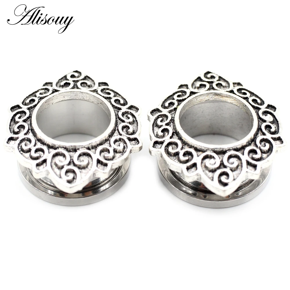 Alisouy 2 Stück Edelstahl Blume Zirkonia Mond Stern Uhr Herz Schraube Ohr Tunnel Plugs Expander Messgeräte Körper Piercing Schmuck – Detail 34
