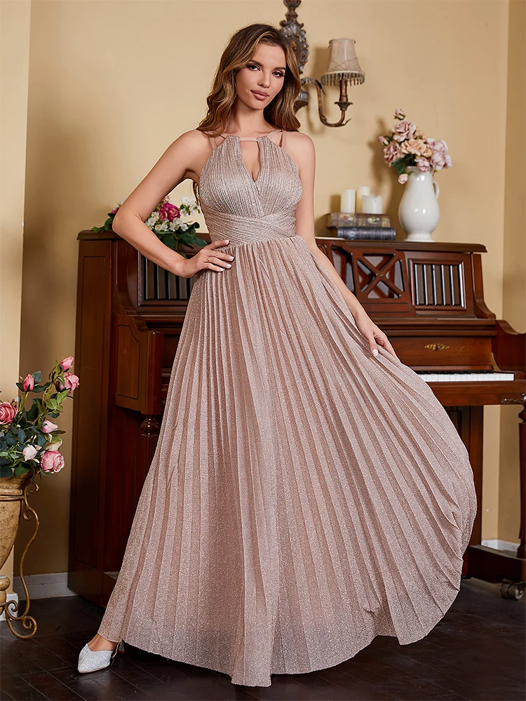 Elegant Halter Evening Dresses 2024 Prom Dresses Long Pleated Sparkly Bridesmaid Dresses Formal Gown Birthday Party Dress