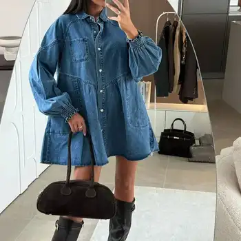 時尚純色寬鬆牛仔女式優雅翻領紐帶襯衫新款秋季長袖A字牛仔連身裙 10 最佳銷售 長袍牛仔褲 - №10