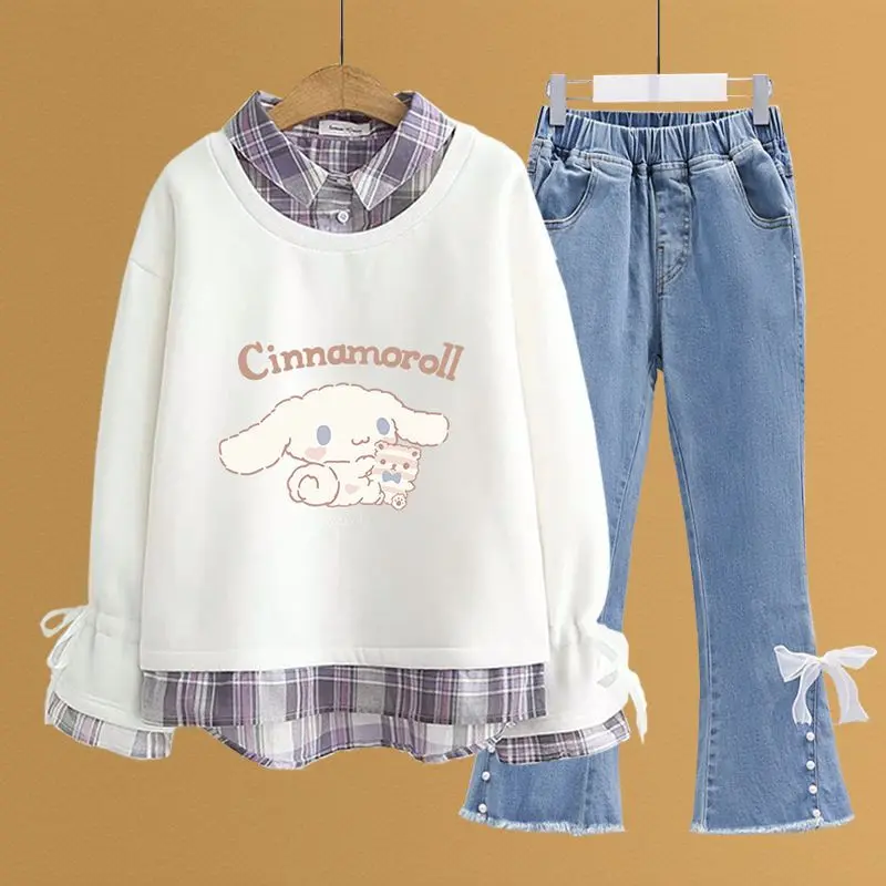 Fato com capuz feminino Sanrioed Cinnamoroll, moletom infantil, calça casual solta, roupas estilo faculdade, presente de aniversário kawaii, 2 peças