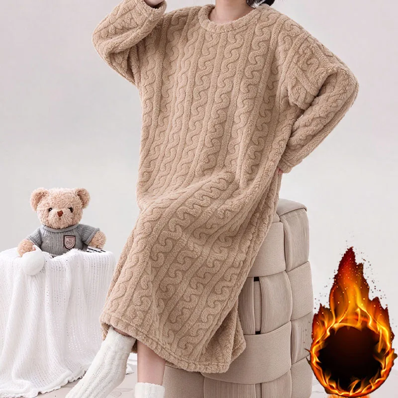 Women Warm Coral Fleece Nightgown Winter Thick Thermal Soft Loose Sleep Dress Loungewear Robe Wearable Outside Casual Lounge