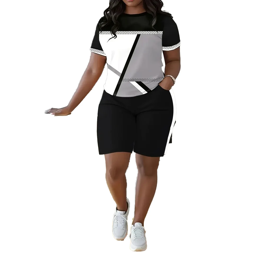 

Женский летний комплект из двух предметов больших размеров — модный цветной топ с короткими рукавами и шорты, повседневная одежда
