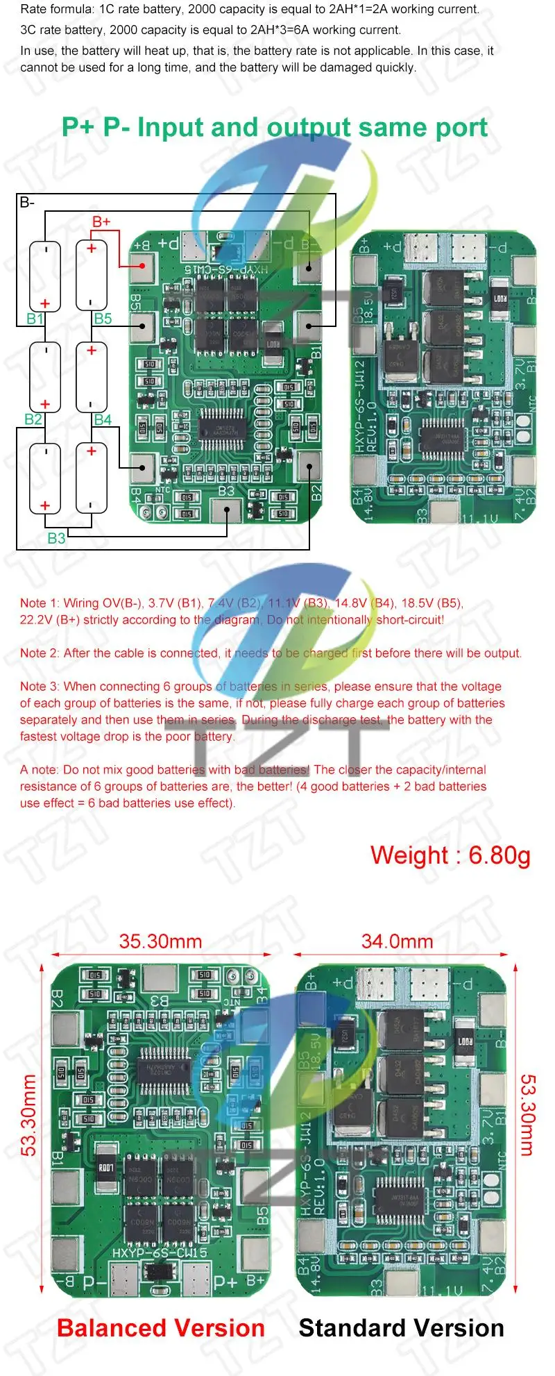 GREATZT 6S 22,2 V 25,2 V 14 A 20 A 18650 Li-Ionen-Lithium-Batterie-Ladegerät-Schutzplatine mit symmetrischem PCB BMS 6-Pack-Zellenmodul – Detail 3
