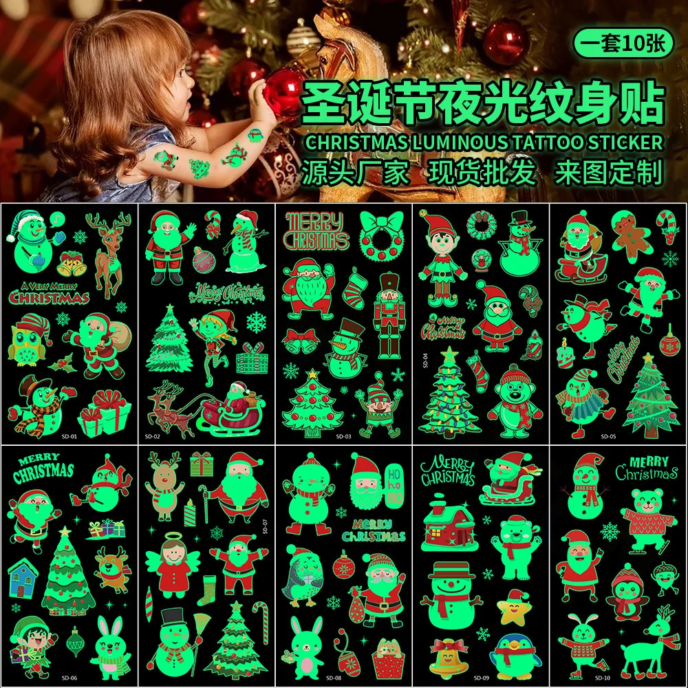 100pcs Luminous Night Tattoo Stickers For Children christmas Temporary Waterproof Tatto Body Art Kid Xmax Cartoon Fake Tatoo