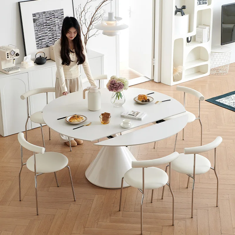 Retractable rock slab dining table, simple household small apartment, white light luxury variable round table with dining chair