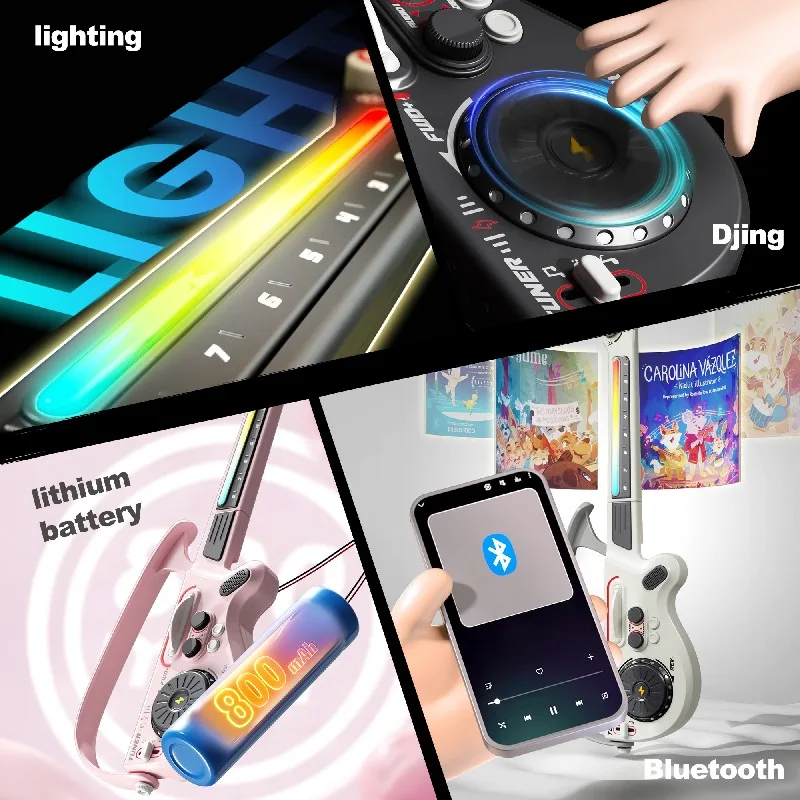 Smart Electric Guitar Toy Stringless DJ Mixing with Bluetooth LED Lights Bass Guitar Sounds for Music Enlightenment Kids Gift