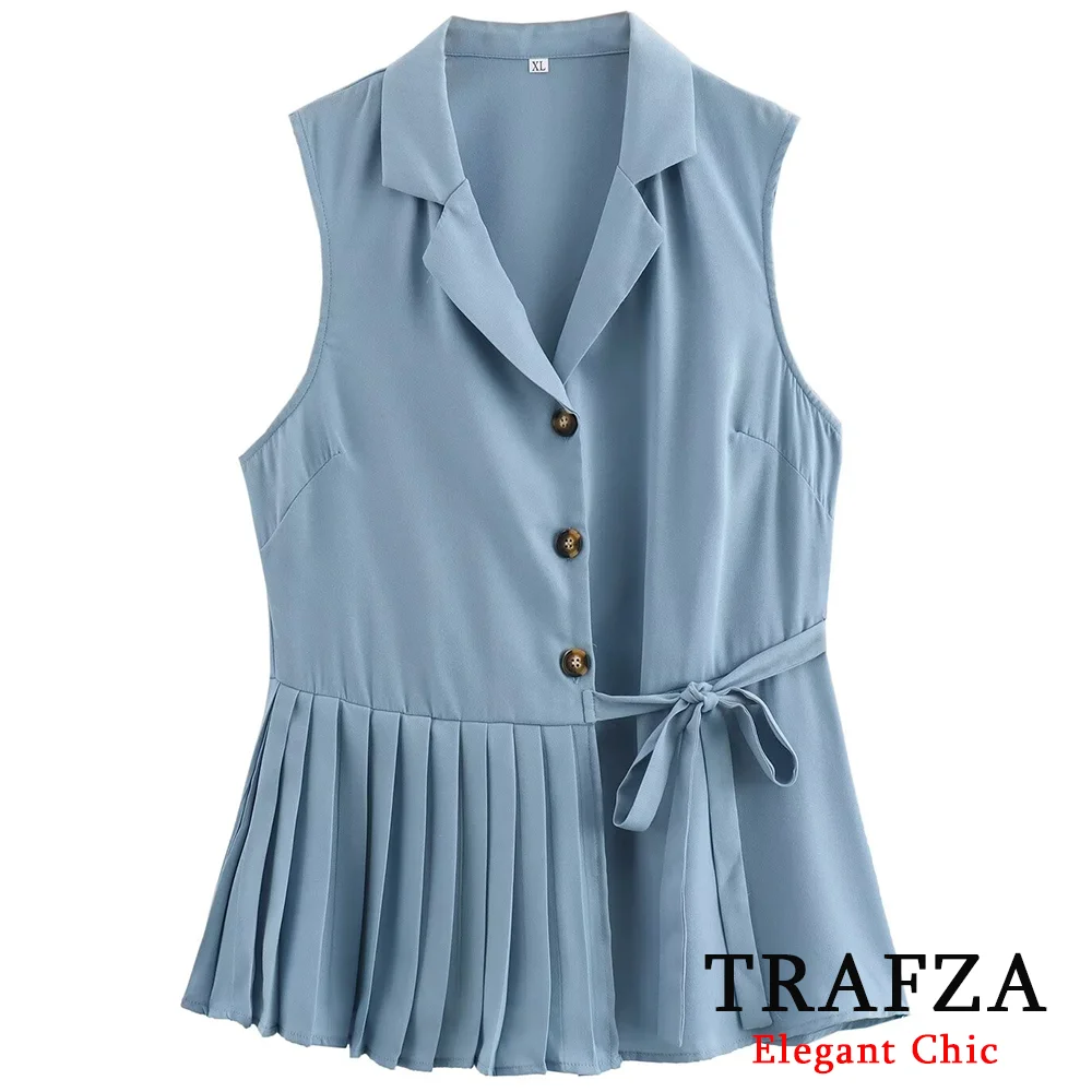 

TRAFZA Basic Casual Loose Vest XL Dress Women's Lapel Vest Patchwork Pleated Skirt New 2024 Summer Commuter Style Belted Dresses