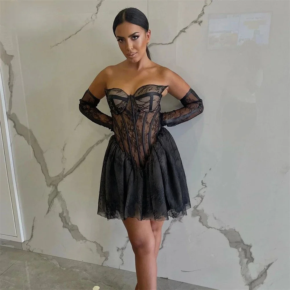 

Black Lace Short Bespoke Occasion Gown Evening Dresses Pastrol Unisex Jersey Retro Dubai Saudi Arabic Israel Prom Customized