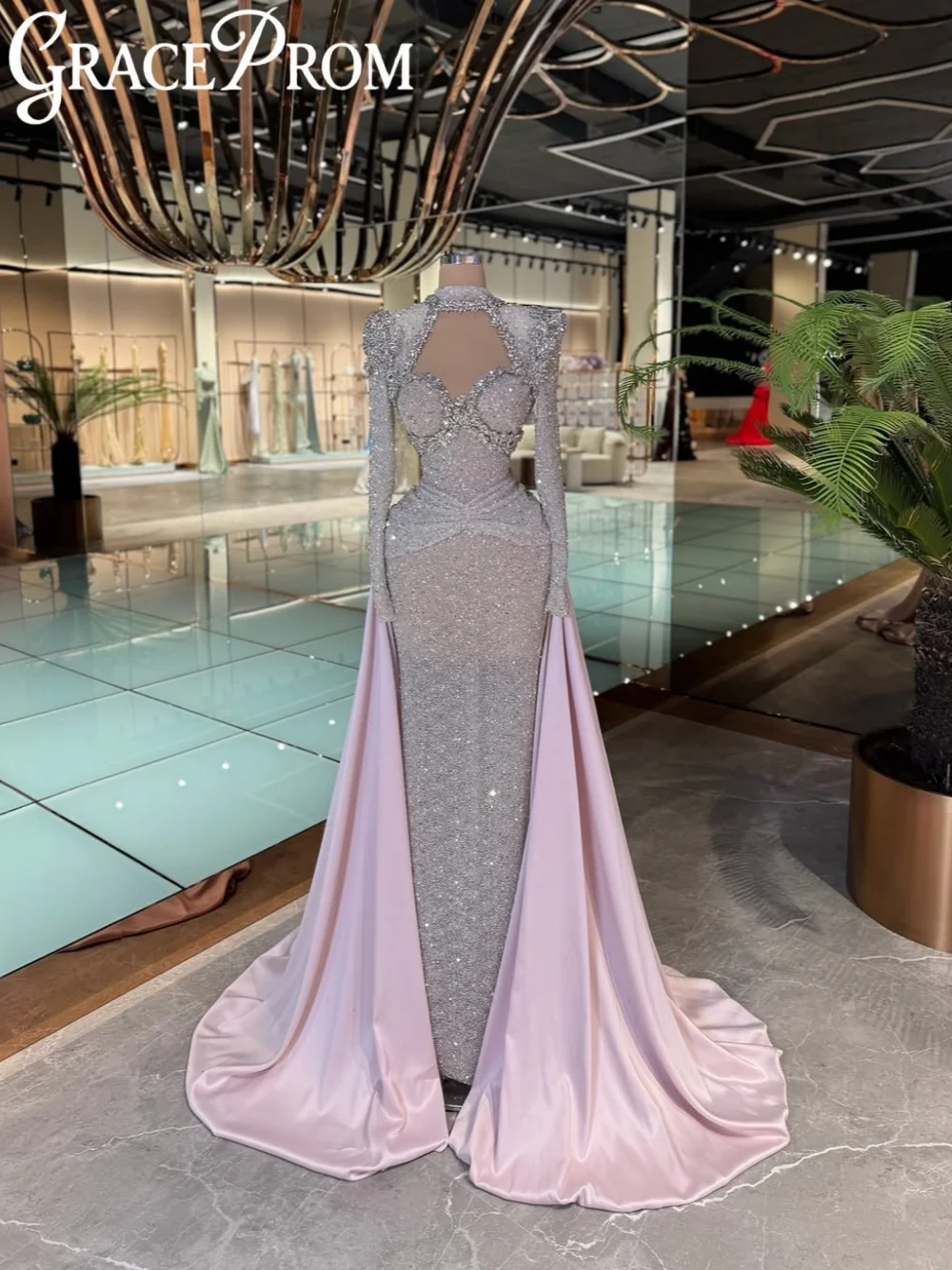 

Detachable Train Opulent Crystal Evening Dress Long Sleeved Illusion Elegant Wedding Party Gown Customized Banquet Gowns