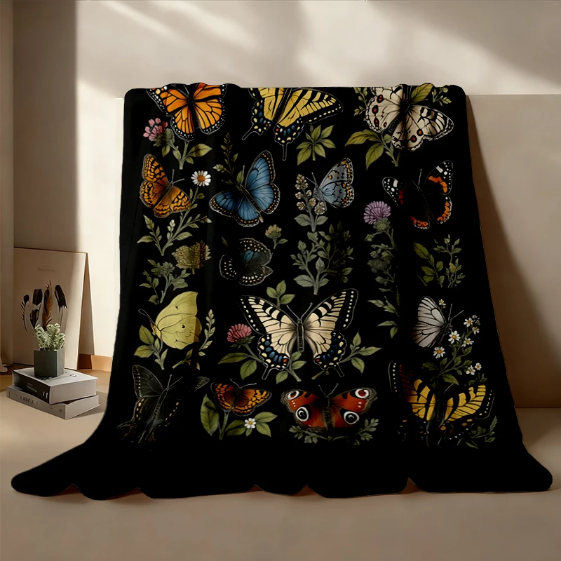 Vintage Butterfly Collection Graphic Flannel Blanket, Wildlife Nature Chart Flannel Throw, Retro Botanical Insect Style