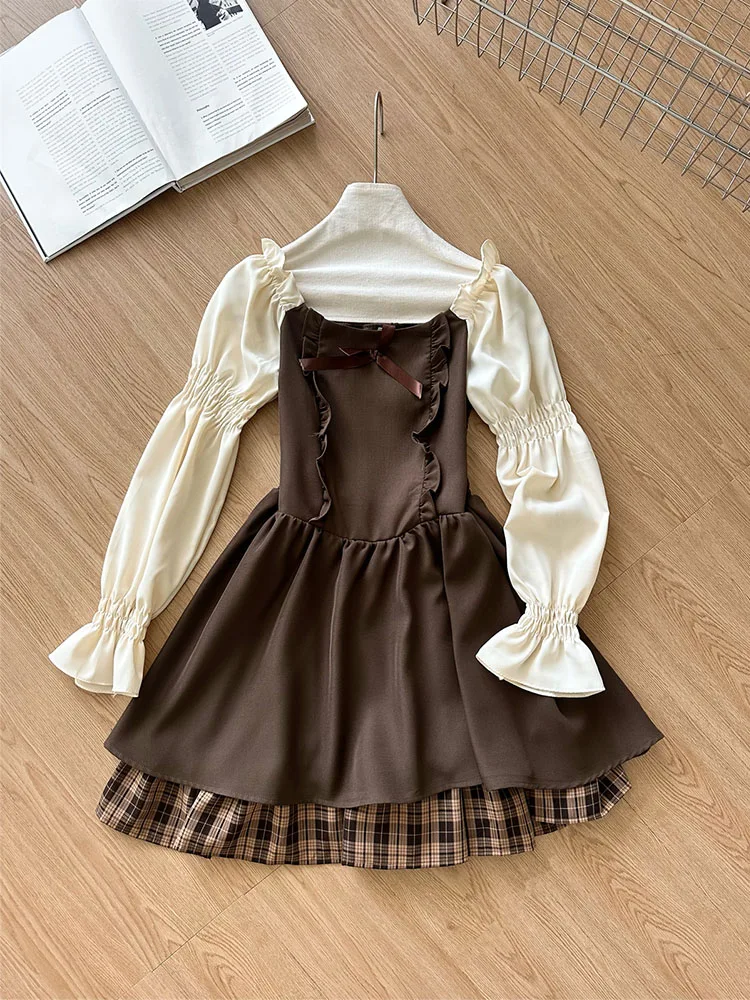 2023 Kawaii Chic Lolita Dress Women Japanese Sweet Cute Vintage Bow O-Neck Luxury Prom Gown Puff Sleeve Streetwear Preppy Style