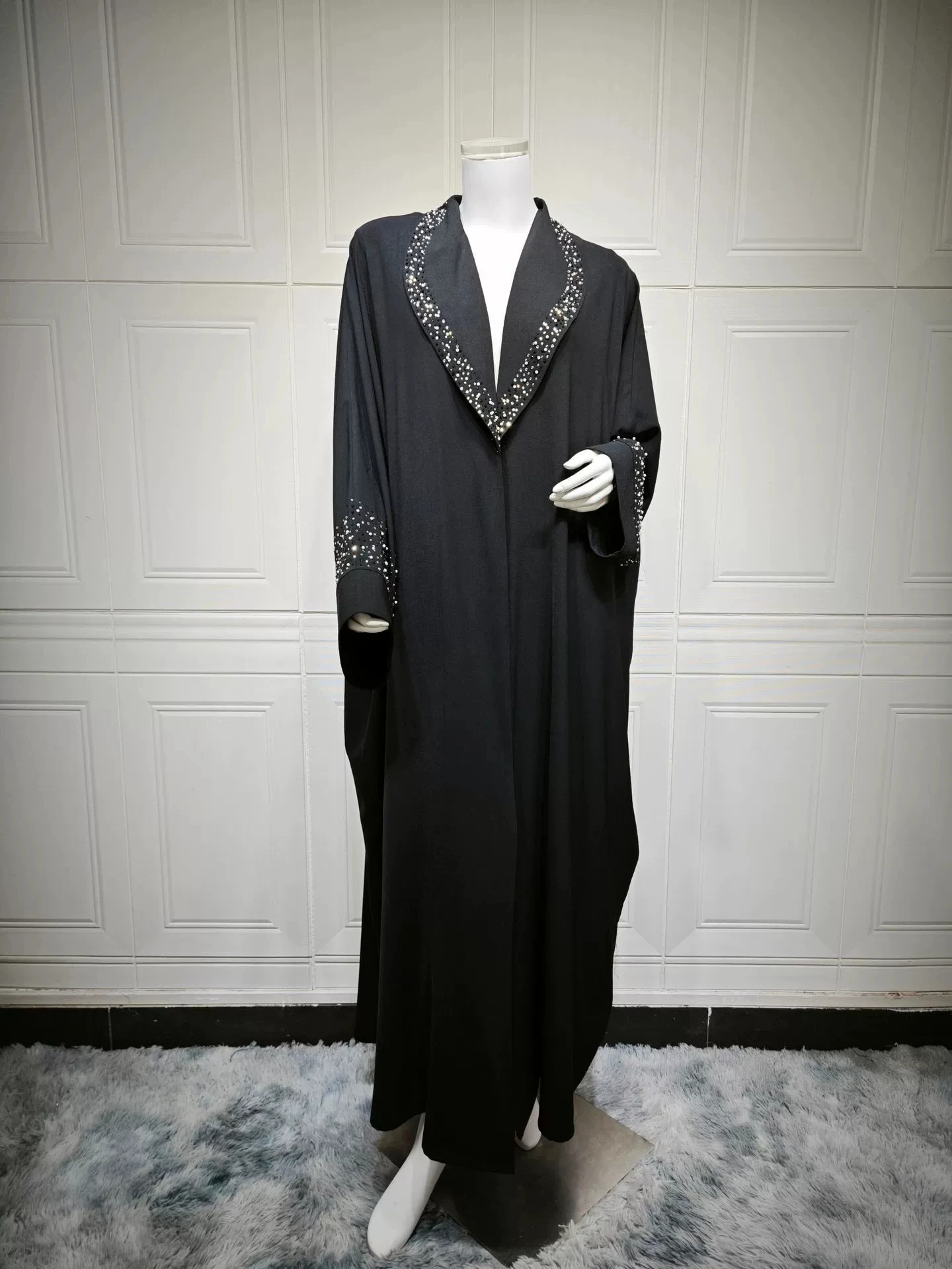 

Ramadan Muslim Islamic Modest Arab Dubai Women's Black Coat Heavy duty Hot Diamond Robe Abaya Fashion Cardigan Dress