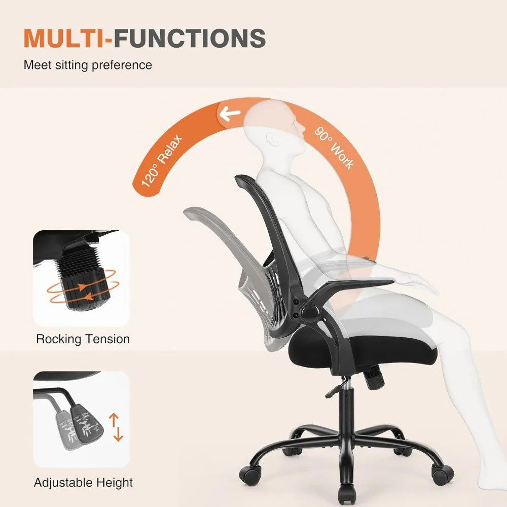 Ergonomic Mesh Office Chair with Lumbar Support, Flip-up Arms, Adjustable Height and Smooth Casters for Home Office