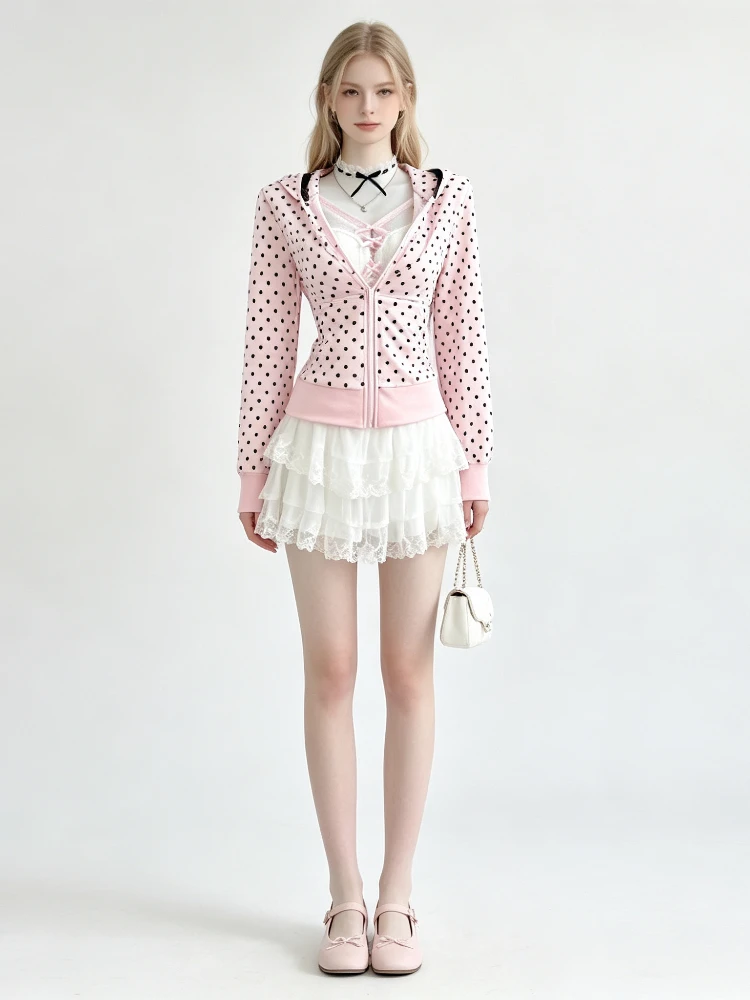 Women's Y2K Pink Polka Dot Zip up Hoodie Long Sleeve Slim Fit Cropped Jacket Kawaii Sweet Streetwear Hooded Cardigan Top