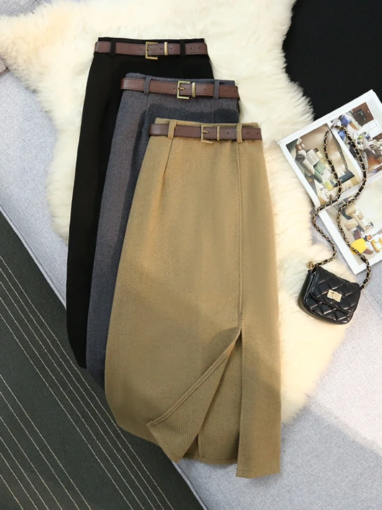 

SMTHMA New Fashion Design Temperament High Waist Slimming Woolen Skirt Women's Spring Autumn A-Line Mid Length Skirt With Belt