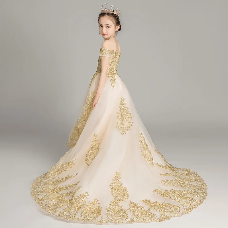 Custom Off Shoulder Lace Embroidered Flower Girl Dress For Wedding Birthday Party Pageant Princess Train Gown فساتين اطفال