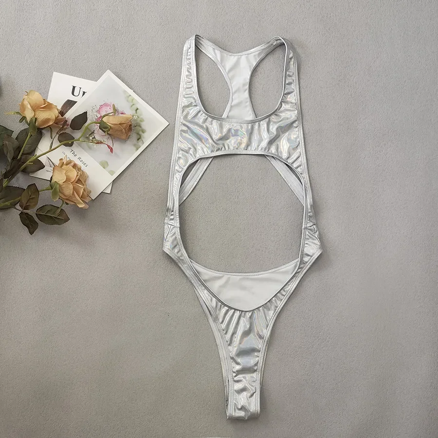 costume da bagno sexy argento metallizzato un pezzo scava fuori bikini senza schienale Costumi da bagno Costumi da bagno abiti da spiaggia body biquini tankini