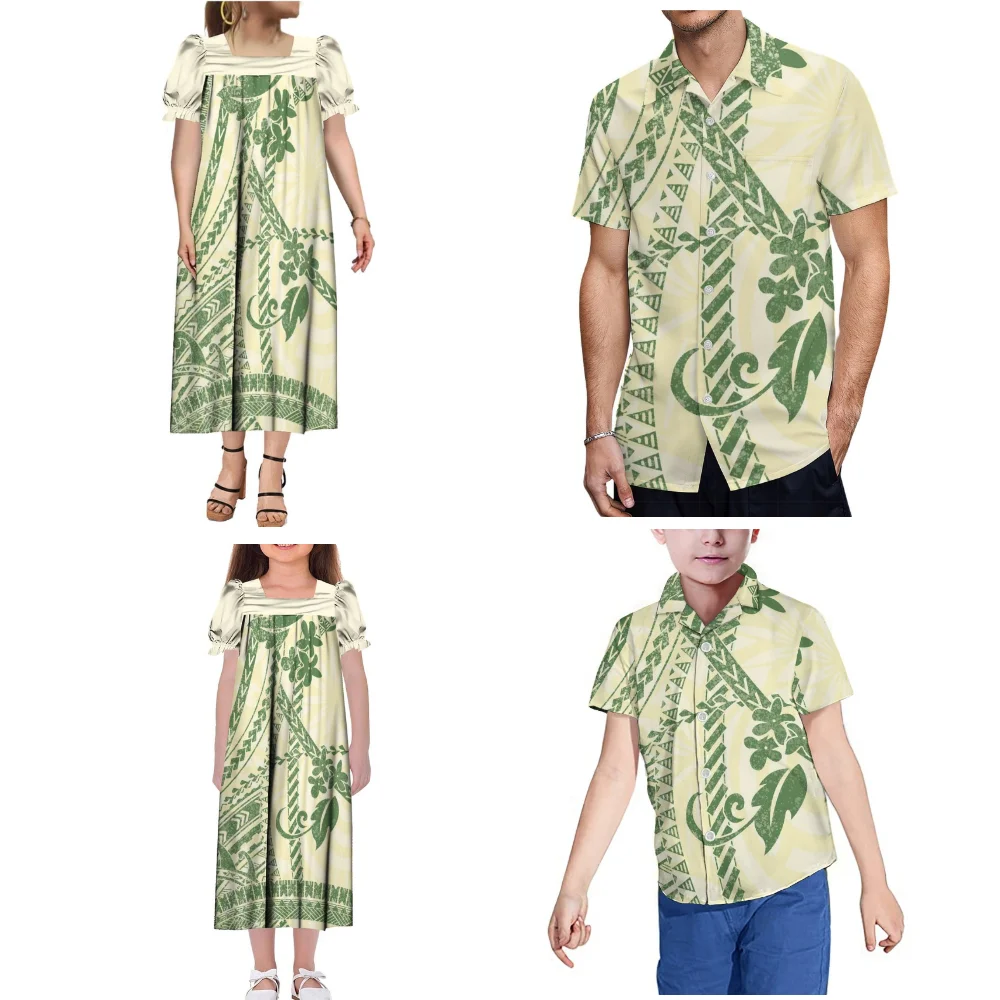 2025 Custom Polynesian Family Party Set Women Mumu Dress Girls Mumu Dress Men'S Shirt Boys' Shirt