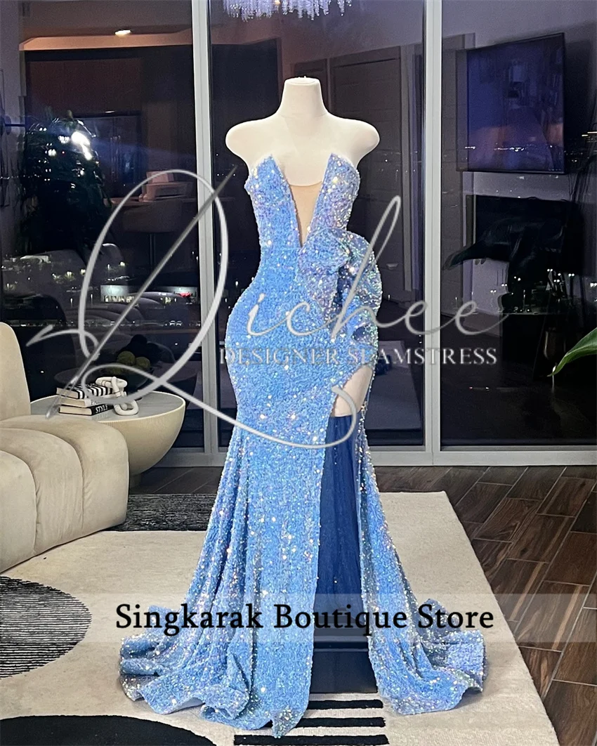 Exquisite Blue Sweetheart Long Prom Dresses 2024 Beads Sequins Crystal Birthday Party Gown Robe Side Split Customized