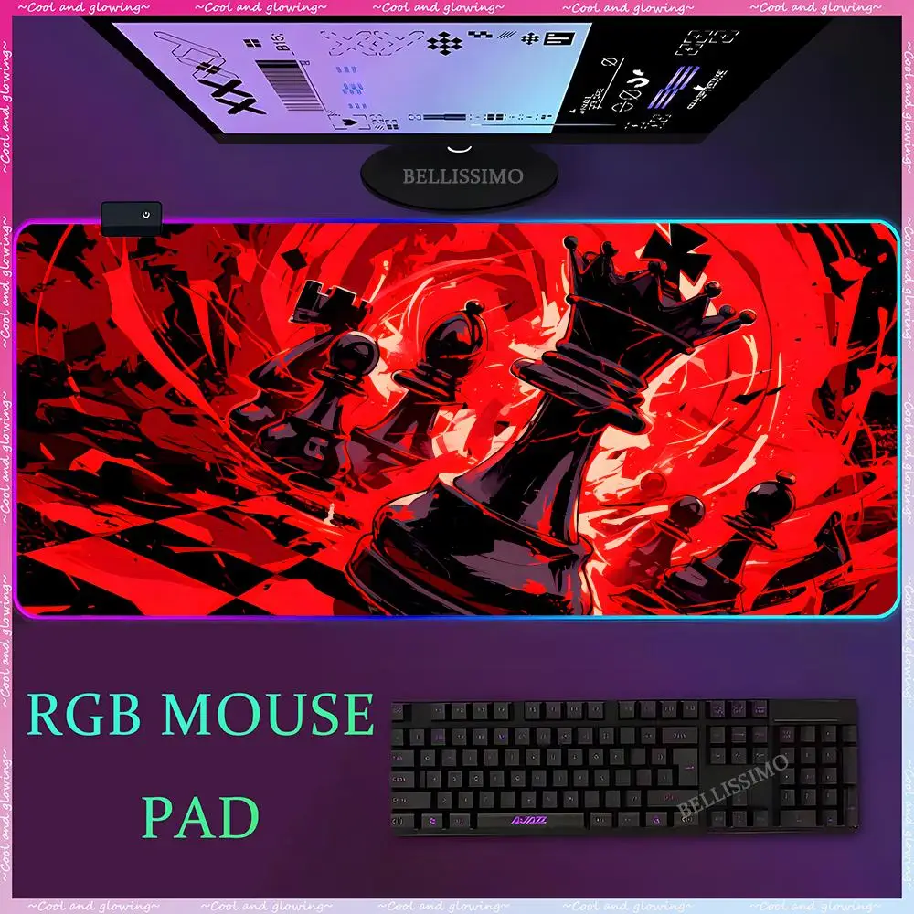 

Black Chess Large Rubber Non-slip Mouse Pads RGB Luminous Personalized Red Background PC Desk Mat XXL Carpet Mat for Gamers LED