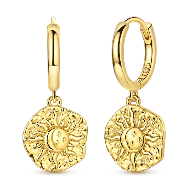 Ohrringe aus 925er-Sterlingsilber für Damen, funkelnde, vergoldete Sonnen- und Mond-Tropfenohrringe für Jahrestag, Hochzeit, Schmuck, Geschenke