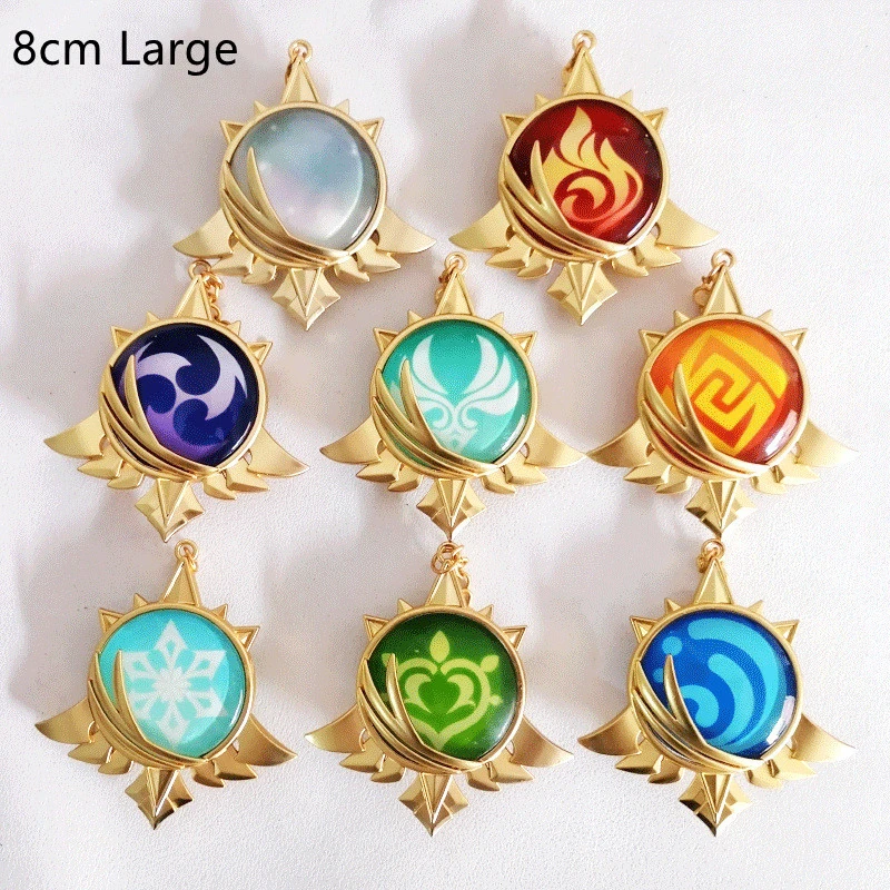 Anime genshin impacto mondstadt brilho emblema chaveiro elemento visão diluc ragnvindr cosplay acessórios pingente presentes 8cm grande