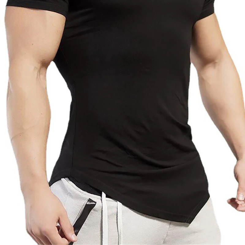 T-shirt de manga curta para homens, feita de algodão, respirável, com decote em v oblíquo, slim fit, fitness, ginásio, musculação, bainha irregular