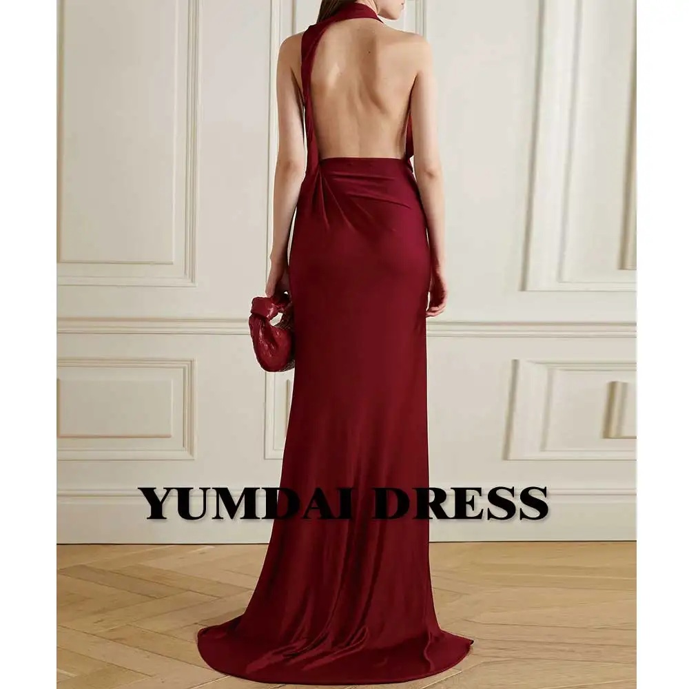 YUMDAI-Robe de cocktail sirène longue en satin rouge vin, col en V, élégante robe de soirée, sexy, fête de mariage, fête d'anniversaire, patients