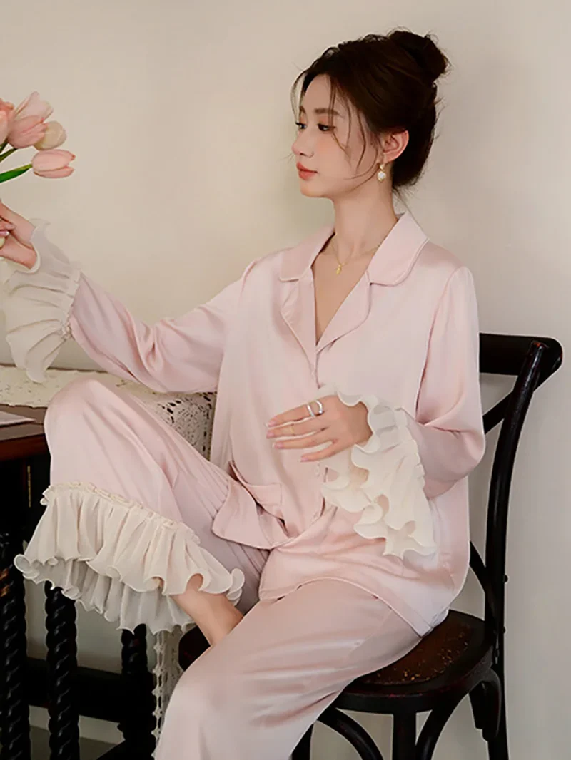 Pink Women Silk Ruffles Long Sleeve Princess Pyjama Pour Femme Sleepwear Loungewear Sweet Girl Nightwear Two Piece Sets