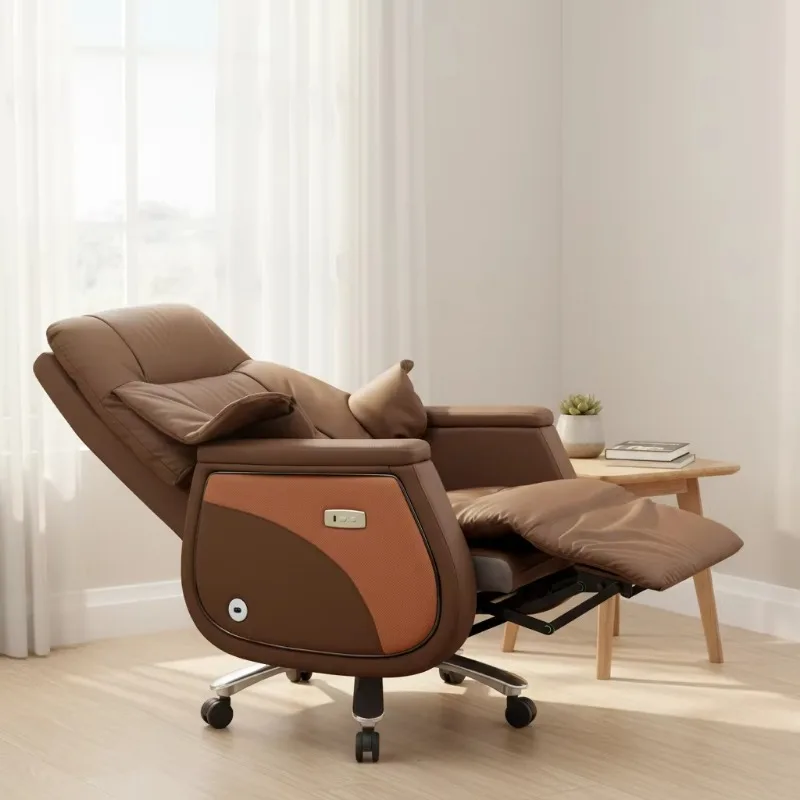 Modern ergonomic office chair, fixed wide armrests, retractable foot pedals, high-quality leather, rotatable