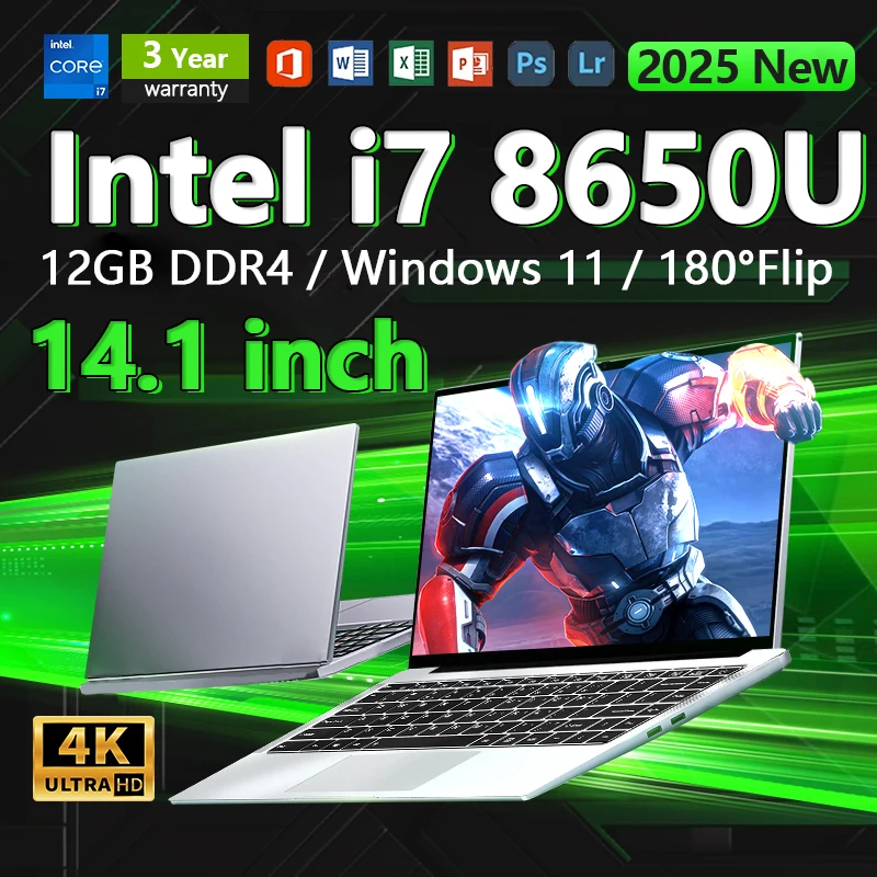 Laptop intel i7 8650U Windows 11 Pro 14.1 inch Notebook Computer Gamer 12GB RAM 1TB 2TB SSD PC Gaming Office 1920*1080 4K HD