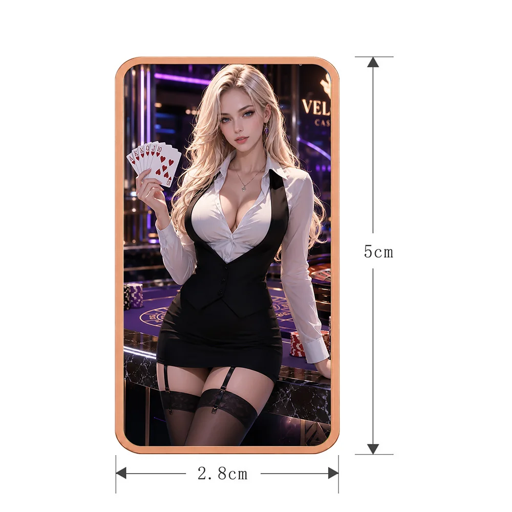 1oz .999 Fine Copper Bar Casino Poker Girl Royal Flush Cards Las Vegas Glamour Woman Colorized Rectangular Art Bar Gift