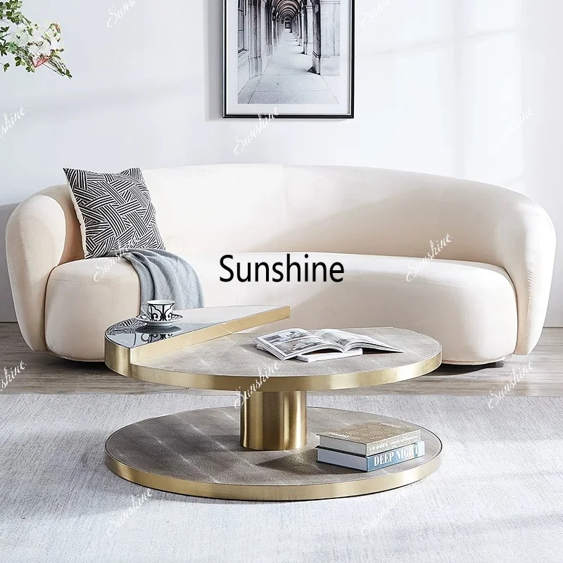 Light luxury minimalist living room stainless steel round coffee table design Nordic sofa