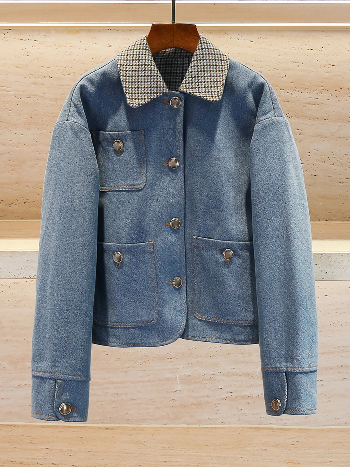 

High-End Women's Denim Plaid Collar Jaet Autumn New Arrival Worn-look Straight Tube Sle Long Sve Button Closure Coat