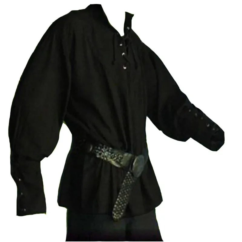 Men Medieval Vintage Pirate Cosplay Costume Laping Up Shirt Bandage Top Middle Age Renaissance Clothing For Adult S-3XL JS8929