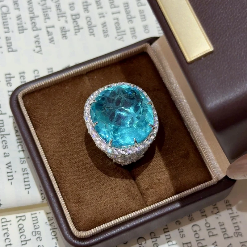 

BELLUX Hot Selling Large Carat Paraiba Zircon Full Diamond Women's Ring Luxury Banquet S925 Silver Plated K Gold Jewelry