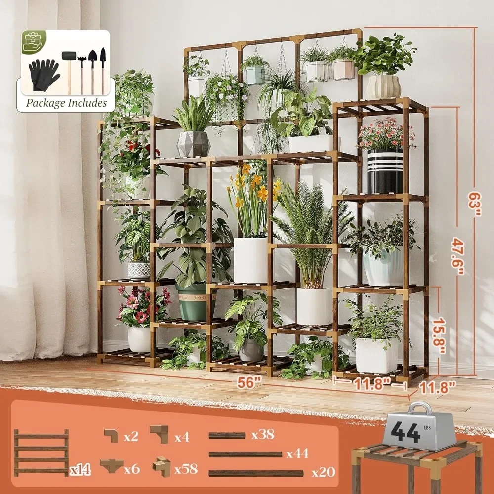 Подставка для растений, 63 дюйма, высокие подставки для растений в помещении, уличная, с 7 ярусами и 14 горшечными модернизированными деревянными полками для растений, подставка 600 фунтов