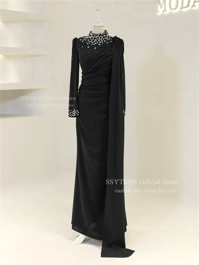 SSYTENS ダークバーガンディ スペシャルイブニングドレス レディース 2025 ラグジュアリー クリスタル ロングスリーブ マーメイド ローブ ド ソワレ プロム ガウン カスタマイズ
