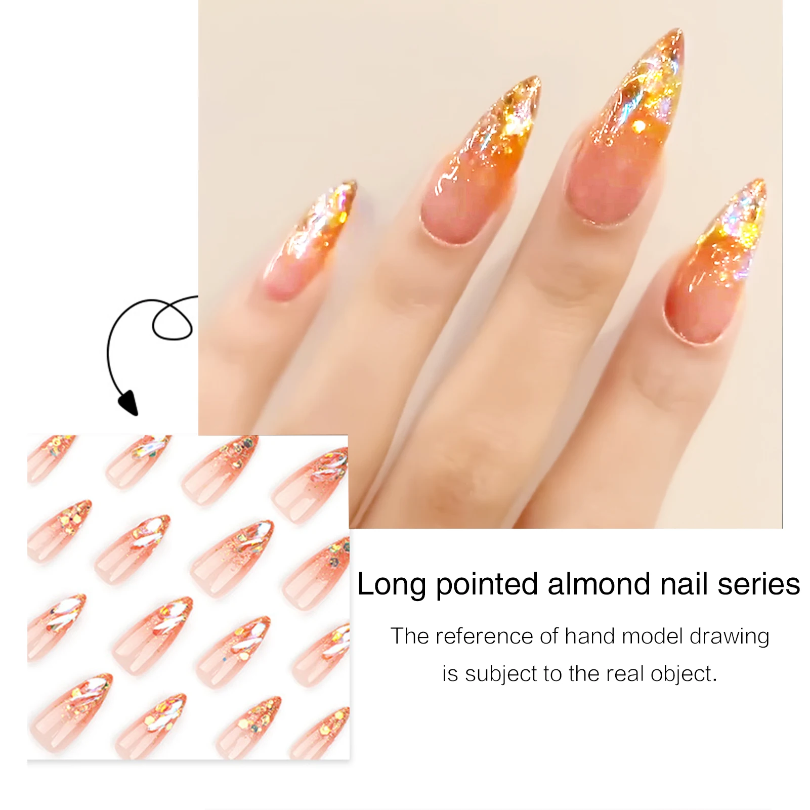 24pcs สไตล์ฝรั่งเศสเล็บปลอมยาว Stiletto แฟลชผงทอง Aurora Diamond Decor เล็บปลอมหรูหรากดบนเล็บ