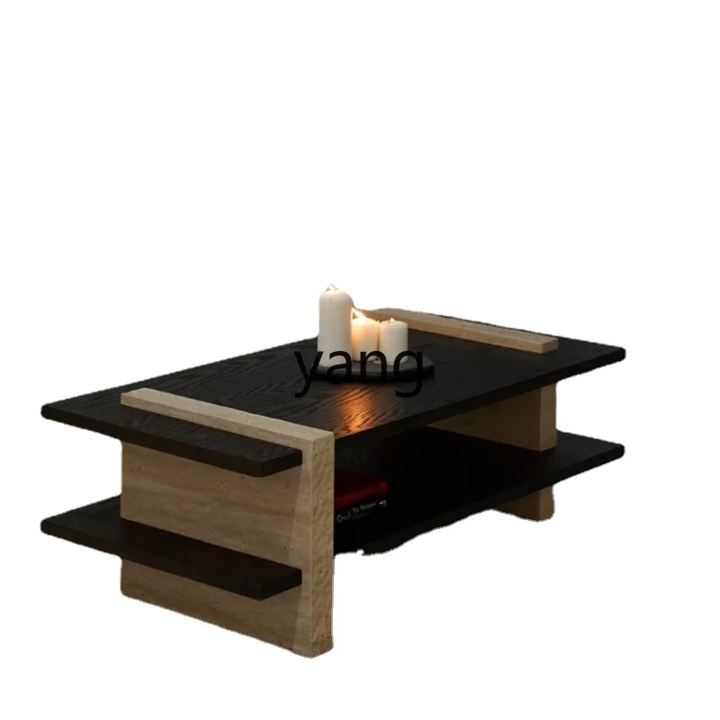 LTT Silent Style Solid Wood Tea Table Living Room Natural Simple Stitching Cave Stone Square Small Tea Table