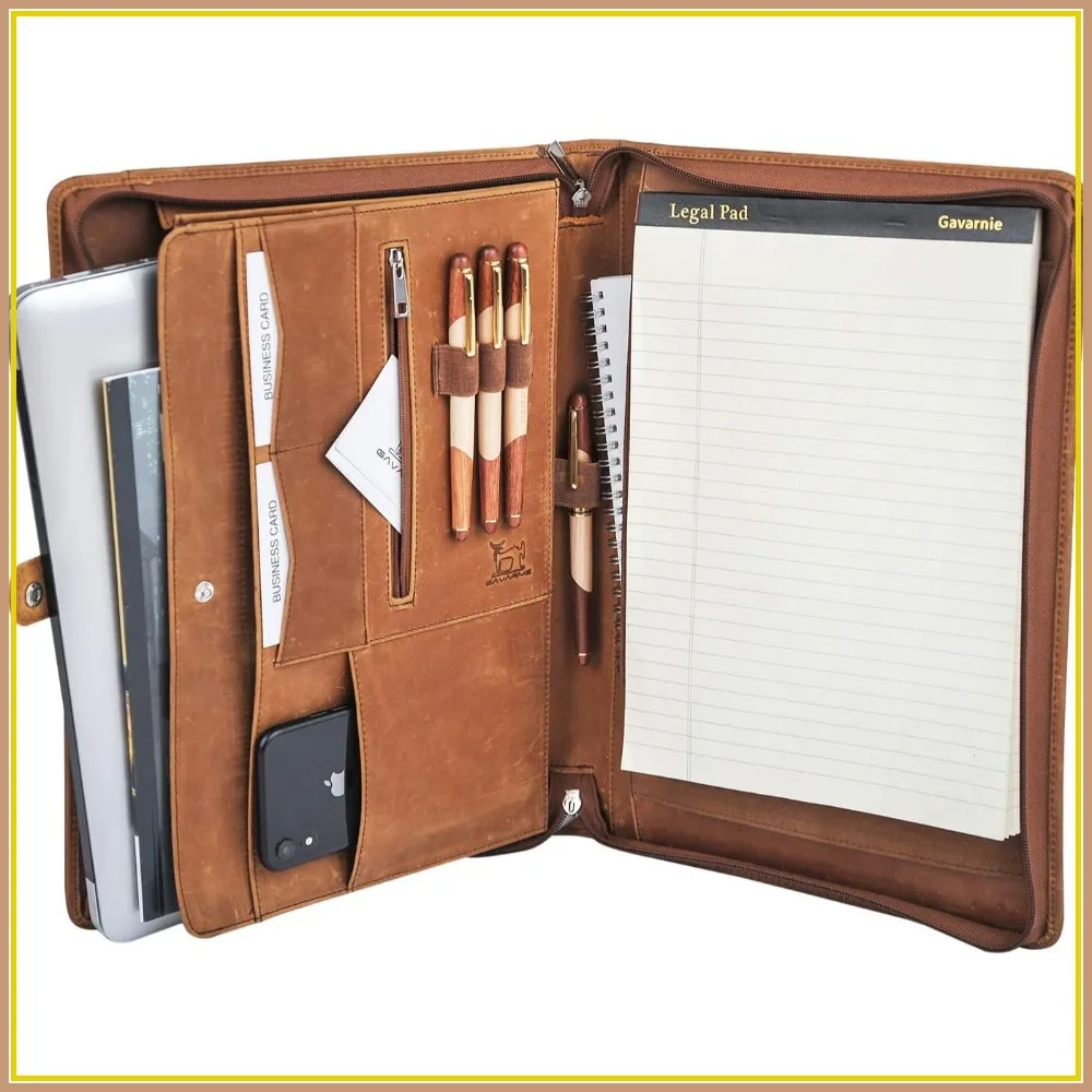 

Leather Business Portfolio Padfolio Folder with Zipper for Men, 13" Laptop, Letter Size Notepad, Brown