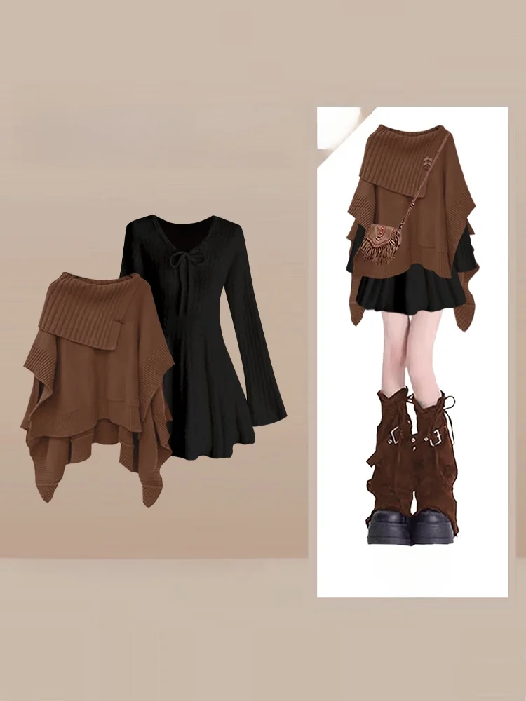 

Универсальный высококачественный вязаный комплект из двух предметов Laid-ba Sle Loose с воротником-хомутом, осень-зима 2025, черный